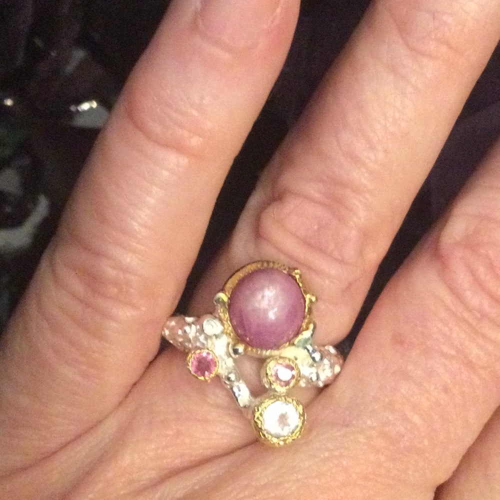 ⭐️Rare,  Star Ruby Cabochon, Pink Topaz & Aquamarine Ring⭐️ - Picture 12 of 14